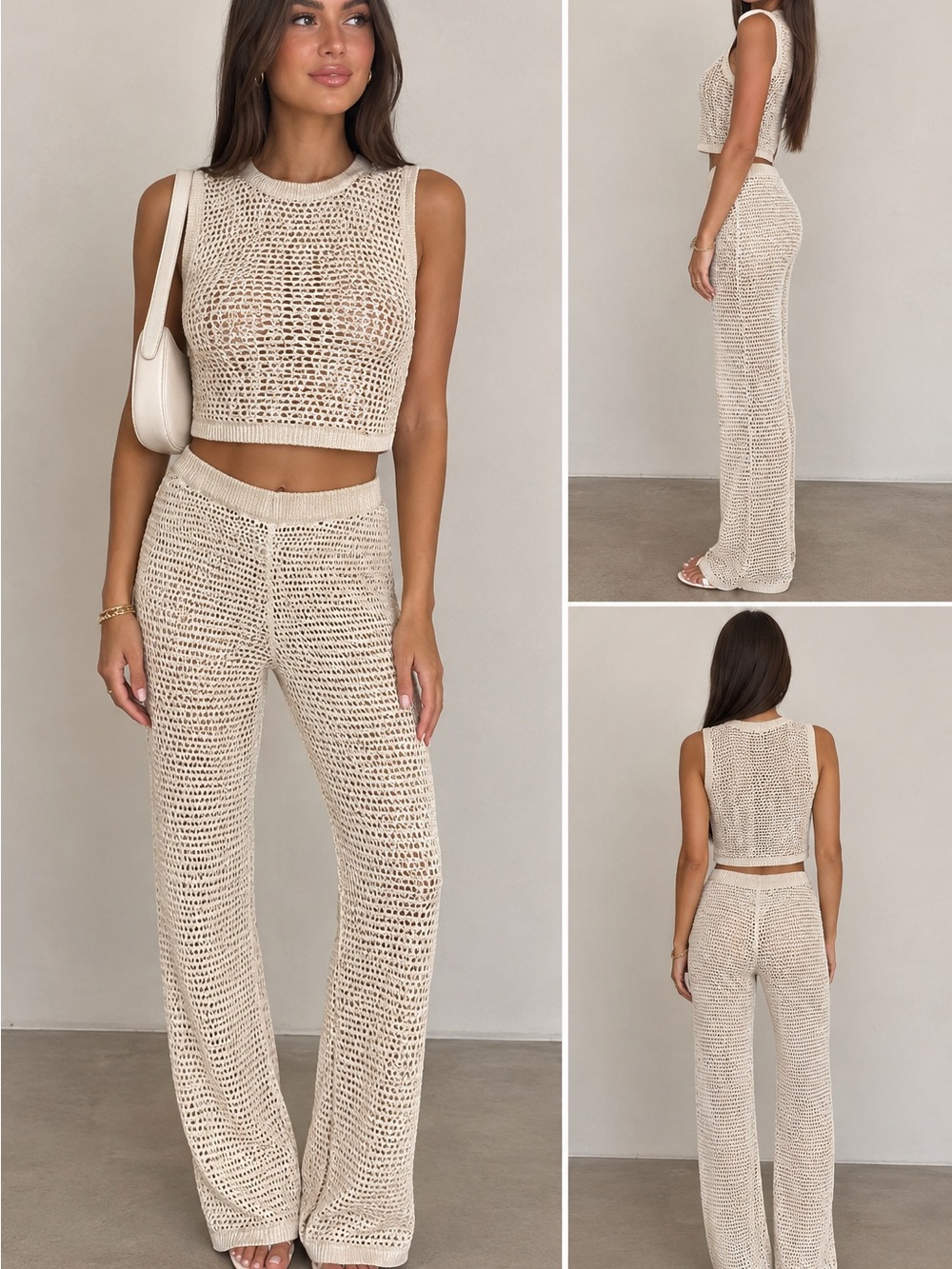 NWT Sincerely Jules Crochet Wide-Leg Knit Pants & Crop Top Set - Cream